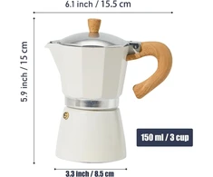 Kavos aparatas Richsum aliumininis espreso virimo aparatas - 3 espreso puodeliai - 150 ml moka kavinukas itališkas kavos virimo aparatas dujinėms ir elektrinėms viryklėms, baltas