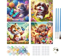 Ricuved 4 gyvūnų rinkinys tapybai pagal skaičius mergaitėms ir berniukams, mieli gyvūnai tapybai pagal skaičius vaikams su rėmeliu, 3 teptukai ir akriliniai dažai, 20 x 20 cm