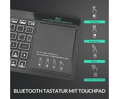 Rii bluetooth klaviatūra su jutikliniu kilimėliu (bluetooth 5.0 + 2.4g belaidė), mini klaviatūra su 2 led pašvietimu (vokiečių išdėstymas, juoda)