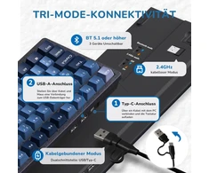 Rk royal kludge rk98 mechaninė belaidė žaidimų klaviatūra 2.4g/bluetooth 5.1/usb-c rgb apšviesta vokiška qwertz išdėstymo 100 klavišų karštai keičiamų red switch, mėlyna