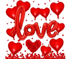 Romantiškas valentino dienos dekoracijų rinkinys, 18 širdies formos folinių balionų, raudoni, 2 45 cm širdies formos helio balionai, didelis folinis balionas "love", 500 rožių žiedlapių, raudoni, gimtadieniui, jubiliejui, valentino dienos vakarėliui