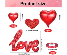 Romantiškas valentino dienos dekoracijų rinkinys, 18 širdies formos folinių balionų, raudoni, 2 45 cm širdies formos helio balionai, didelis folinis balionas "love", 500 rožių žiedlapių, raudoni, gimtadieniui, jubiliejui, valentino dienos vakarėliui