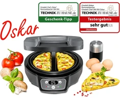 Vaflinė Rommelsbacher Omelett Chef Om 950, korpusas "cool touch", itin gili kepimo skarda 2 omletams, nelipni danga, 20 min. laikmatis, led ekranas, indikatoriaus lemputės, apsaugos nuo perpildymo kanalas, 950 W