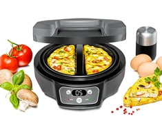 Vaflinė Rommelsbacher Omelett Chef Om 950, korpusas "cool touch", itin gili kepimo skarda 2 omletams, nelipni danga, 20 min. laikmatis, led ekranas, indikatoriaus lemputės, apsaugos nuo perpildymo kanalas, 950 W