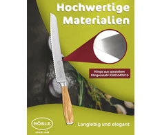 Rösle Artesano duonos peilis 22 cm - aukštos kokybės duonos peilis su dantytu kraštu, virtuvinis peilis duonai, bandelėms ir bagetei, aštrus pjaustymo peilis su ergonomiška alyvmedžio medienos rankena