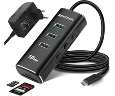 Rshtech aliumininis 5-in-1 usb 3.2 gen2 aktyvusis šakotuvas su maitinimo šaltiniu, sd/tf kortelių skaitytuvas, 3 x 10 gbps duomenų prievadai, 10 w 5 v/2 a maitinimo šaltinis ir 60 cm kabelis (c tipo į a tipą)