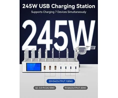 Rsydmny įkrovimo stotelė keliems įrenginiams, 245 W 7 prievadų mobiliojo telefono įkrovimo stotelė su lcd ekranu, 100 w pd usb c greitas įkroviklis, skirtas ipad, iphone, android, planšetiniams kompiuteriams ir kitiems elektroniniams prietaisams