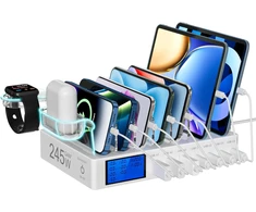 Rsydmny įkrovimo stotelė keliems įrenginiams, 245 W 7 prievadų mobiliojo telefono įkrovimo stotelė su lcd ekranu, 100 w pd usb c greitas įkroviklis, skirtas ipad, iphone, android, planšetiniams kompiuteriams ir kitiems elektroniniams prietaisams