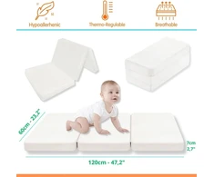Ruguies Max bambukinis kelioninis lovelės čiužinys 120 x 60 cm kūdikiams, sulankstomas ir nešiojamas, nuimamas vandeniui atsparus užvalkalas iš bambuko medvilnės, kūdikių grindų kilimėlis su neslystančiu pagrindu, hipoalerginis Oeko-tex