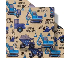 Ruspepa kraft popierius dovanoms ritinyje - mini ritinys - mėlynas sunkvežimis ir užrašas "happy birthday", idealiai tinka gimtadienio vakarėliui, kūdikio sutiktuvių šventei - 43.2cm x 10m