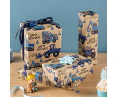 Ruspepa kraft popierius dovanoms ritinyje - mini ritinys - mėlynas sunkvežimis ir užrašas "happy birthday", idealiai tinka gimtadienio vakarėliui, kūdikio sutiktuvių šventei - 43.2cm x 10m