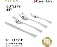 Russell Hobbs Milan Rh02229eu7 stalo įrankių rinkinys 4 asmenims, 16 dalių stalo įrankių rinkinys su peiliu, šakute, desertiniu šaukštu, arbatiniu šaukšteliu, veidrodinio poliravimo, galima plauti indaplovėje, 18/10 nerūdijančio plieno stalo įrankiai