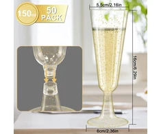 Šampano taurės, plastikinės, 50 vnt., 150 ml, plastikinės šampano taurės su aukso blizgučiais, daugkartinio naudojimo, aukštos kokybės šampano taurės, plastikinės kokteilių taurės, šampano puodeliai vestuvėms, gimtadieniams, vakarėliams, stovyklavimui