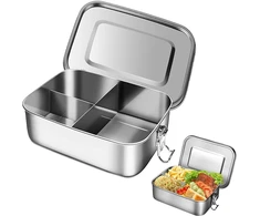 Sandari priešpiečių dėžutė, nerūdijančio plieno priešpiečių dėžutė, sandari maisto laikymo dėžutė, lengvai valoma priešpiečių dėžutė su sandarinimo žiedu ir 3 skyriais, priešpiečių dėžutė, tinkama plauti indaplovėje vaikams ir suaugusiems (1