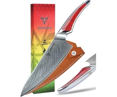 Sanmuzuo la-s9 serijos šefo peilis, virtuvinis peilis pagamintas iš japoniško vg-10 damasko plieno, itin aštrus šefo peilis su ergonomiška raudonos dervos rankena
