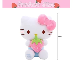 Sanrio Co., Ltd. Pliušinis žaislas katė, minkšta žaislinė katė su braškėmis, 30 cm, minkštas kačiukas, pliušinis, balta lėlė, dovana vaikams