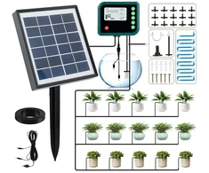 Saulės energija varoma automatinė laistymo sistema, automatinė laistymo sistema sodui su 12 laikmačio režimų + 15 m žarna sodui, balkonų augalams, lauko vazoniniams augalams (saulės energija)