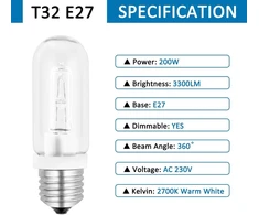 Sccnc T32 E27 skaidri vamzdinė lemputė Ac230v 200w reguliuojamo ryškumo, 3300lm šiltai balta 2700k, keraminė E27 T32 fotografijos modeliavimo lempoms, viešbučių apšvietimui, restoranų apšvietimui, 1 vnt.