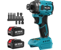 Seesii 21 V akumuliatorinis suktuvas su maksimaliu 220 N.m sukimo momentu, 1/4 colio akumuliatorinis suktuvas su dviem 4.0 Ah baterijomis, 0-3250 Rpm reguliuojamas greitis, 10 antgalių rinkinys