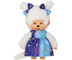 Sekiguchi 221240 Originalus Monchhichi mergaitė su žvaigždžių šviesos suknele, apie 20 cm minkštas žaislas pagamintas iš rudo pliušo