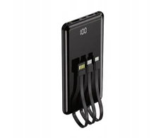 Setty Powerbank 10000 Mah su laidais, ekranu ir žibintuvėliu, juodas, plonas