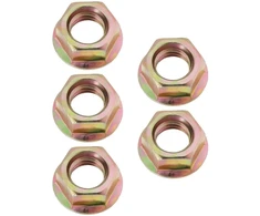 Sg store 5pz m12 x 1.5 šešiabriaunės veržlės su smulkiu sriegiu ir flanšu, padengtos spalvotu cinku, kurių skersmuo 22 mm, o apatinis skersmuo 18 mm, naudojamos motociklų grandinių žvaigždutėms