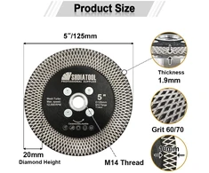 Shdiatool deimantinis pjovimo diskas šlifavimo diskas - 125 mm granito pjūklo diskas dvipusis vakuuminiu būdu lituotas plytelių deimantinis diskas x-mesh forma marmurui betonui akmeniui porcelianui keramikai m14 sriegis