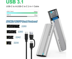 Shubeieumi m.2 nvme ir sata ssd dėklo adapteris, 10 gbps m.2 ssd į usb 3.1 su 2-in-1 laidu, palaiko m-key/b+m key 2230/2242/2260/2280 ssd, be įrankių (sidabrinis)
