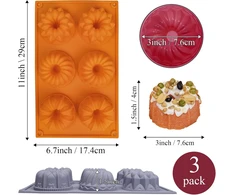 Sinsanye 3 mini bundt pyrago formų rinkinys, silikoninės, 6 skyreliai, bundt pyrago forma, mažos, maistinės, daugkartinio naudojimo, mini kepimo forma, bundt pyragas pyragams, desertams, šokoladui, pilka, rožinė, oranžinė