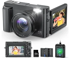 Skaitmeninis fotoaparatas 4k 48mp 16x priartinimas su 32gb kortele Kompaktiškas fotoaparatas su 3 colių atlenkiamu ekranu Automatinis fokusavimas Blykstė Apsauga nuo drebėjimo Vlog kamera Asmenukės pradedantiesiems