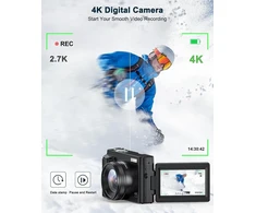 Skaitmeninis fotoaparatas 4k 48mp 16x priartinimas su 32gb kortele Kompaktiškas fotoaparatas su 3 colių atlenkiamu ekranu Automatinis fokusavimas Blykstė Apsauga nuo drebėjimo Vlog kamera Asmenukės pradedantiesiems