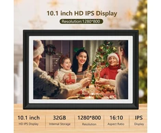 Skaitmeninis nuotraukų rėmelis su 32 gb, 10.1 colio wifi hd ips jutikliniu ekranu, nuotraukų ar vaizdo įrašų siuntimas per programėlę arba el. paštu, usb atmintinės / sd kortelės palaikymas atminties išplėtimui, automatinis pasukimas