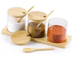 Skelang prieskonių indelis, druskos indelis, stikliniai prieskonių indeliai su dangteliu ir šaukšteliu, virtuvės maisto laikymo arbata, kava, cukrus, druska, 3 vnt. rinkinys