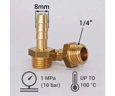 Skir'co (1 vnt.) žalvarinė jungtis su sriegiu, 1/4 colio x 8 mm, žarnos jungties adapteris, žarnos galo jungtis, bsp sriegis