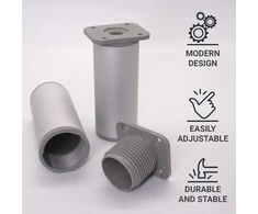 Skir'co (4 vnt.) reguliuojamo aukščio metalinės baldų kojos, aukštis 100 mm, skersmuo 40 mm, aliumininės baldų kojelės su varžtais (4)