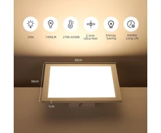 Slevoo pritemdomas led lubinis šviestuvas Flat, 20 W modernus lubinis šviestuvas su nuotoliniu valdymu, spalvos temperatūra 2700 K - 6500 K reguliuojama panelė virtuvei, svetainei, miegamajam, prieškambariui, 30 x 30 cm