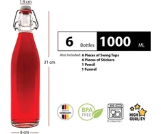Slkfactory stiklinis butelis su užsukamu dangteliu, tuščias stiklinis butelis su užsukamu dangteliu vynui, šnapsui, actui, aliejui, stikliniai buteliai 6 x 1000 ml, skaidrus