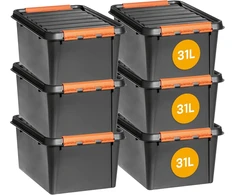 Smartstore didelės talpos dėžės su dangčiais - 6 vnt. rinkinys įrankiams laikyti - tvirta 31l dėžė - susideda viena ant kitos - be Bpa plastiko - 50 x 39 x 26 cm - juoda