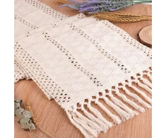 Smėlio spalvos boho stalo takelis, medvilninis stalo takelis su rankų darbo kutais, stačiakampis nėriniuotas nėrinys, tuščiavidurė tinklinė staltiesė, macrame stalo takelis, vintažinis kaimiškam boho vestuvių stalo dekorui, 30 x 180 cm