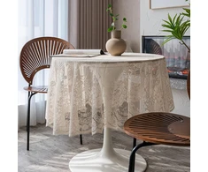 Smėlio spalvos nėriniuota staltiesė, siuvinėta elegantišku gėlių raštu, apvali staltiesė vestuvių vakarėliui, šventėms, ilgai vakarienei, namų dekorui (apvali - 150 cm/60 colių, smėlio spalvos)