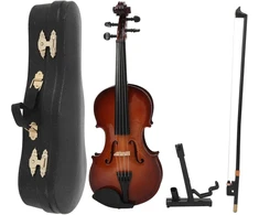 Smuiko modelio miniatiūra su dėklu, stryku ir stovu, 20 cm rankų darbo medinis smuiko dekoratyvinis ornamentas, muzikos instrumentų priedai lėlių nameliui, nuotraukų rekvizitai, namų dekoracija