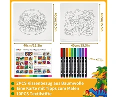 Sneiljoy vaikiškas kūrybinis rinkinys su 2 pagalvių užvalkalais (dinozauras ir Undinė) ir 8 plaunamais tekstilės markeriais, 40 x 40 cm, dovana mergaitėms ir berniukams nuo 6 metų