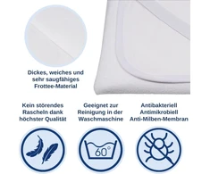 Snibbs neperšlampama paklodė su kampų dirželiais, neperšlampamas čiužinio užvalkalas kūdikio lovelei, čiužinio apsauga 70 x 140 cm, neperšlampama, apsauga nuo drėgmės 70 x 140 cm su kvėpuojančia tpu membrana