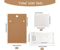 Sofplate 100 vnt. papuošalų kortelių rinkinys karoliams, tuščios popierinės papuošalų laikikliai su 100 vnt. lipnių maišelių, 3,94 x 2,56 colių stačiakampio formos gelsvai rudos kartono kortelės auskarams eksponuoti