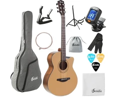 Soldin 40 colių akustinė gitara, aukščiausios kokybės eglės viršutinė dalis, cutway acustica guitarra rinkinys su dėklu, gitaros stovu, derintuvu, dirželiu, kapodasteriu, stygomis, valymo šluoste ir kirtikliais (natūrali)