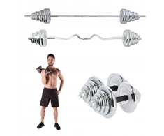 Solidūs chromuoti hanteliai tiesus ir lenktas štangos rinkinys lagamine 55 kg