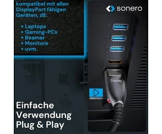 Sonero® 8k Displayport 1.4 kabelis, hibridinis šviesolaidinis kabelis, rezoliucija iki 8k 60 Hz (7680 x 4320) / 4k 120hz (3840 × 2160), Hdr ir Dsc palaikymas, antracito spalvos, 20 metrų