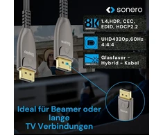 Sonero® 8k Displayport 1.4 kabelis, hibridinis šviesolaidinis kabelis, rezoliucija iki 8k 60 Hz (7680 x 4320) / 4k 120hz (3840 × 2160), Hdr ir Dsc palaikymas, antracito spalvos, 20 metrų