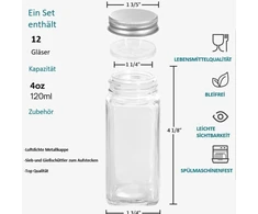 Spicic® Kvadratiniai prieskonių indeliai pagaminti iš aukštos kokybės stiklo - (12 vnt. rinkinys) - su purtyklės įdėklu ir prieskonių etiketėmis - vieta visų rūšių prieskoniams - tvarka virtuvei