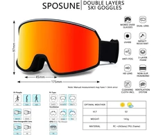 Sposune slidinėjimo akiniai su dvigubu lęšiu, apsauga nuo rasojimo ir Uv spindulių, sniego akiniai vyrams, moterims ir jaunimui slidinėjimui bei važinėjimui sniego motociklu